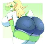  &lt;3 absurd_res anthro anthrofied bangs big_breasts big_butt big_nose blonde_hair blue_bottomwear blue_clothing blue_eyes blue_jeans blue_pants blush bottomwear breasts butt clothing denim denim_clothing eyelashes female freckles green_body green_skin hair hand_on_leg hand_on_thigh hi_res huge_breasts huge_butt jeans long_hair long_socks looking_at_viewer looking_back mario_bros narrowed_eyes nintendo one_eye_obstructed pants ponytail presenting presenting_hindquarters rockpup241 shirt simple_background small_tail smile solo squint tail thick_thighs tied_hair topwear white_body white_clothing white_shirt white_skin white_sock white_topwear yoshi 
