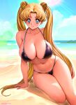  1girl arm_support artist_name bare_arms bare_shoulders beach bikini bishoujo_senshi_sailor_moon black_bikini blonde_hair blue_eyes blue_sky breasts cleavage closed_mouth cloud cloudy_sky collarbone commentary_request day double_bun hair_bun highleg highleg_bikini highres large_breasts lips long_hair looking_at_viewer navel ocean outdoors oyaman sand simple_background sitting sky smile solo stomach sunlight swimsuit thighs tsukino_usagi twintails water 