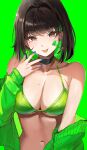  1girl :p bandaid bandaid_on_face bare_shoulders black_hair blue_nails breasts brown_eyes choker collarbone colored_inner_hair earrings english_commentary green_background green_hair green_sweater green_theme hair_intakes highres jewelry large_breasts medium_hair miru_(ormille) mole mole_on_breast mole_under_eye multicolored_hair off_shoulder original ormille solo sweater tongue tongue_out two-tone_hair upper_body 