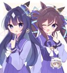  3girls :3 :d ;d animal_ears blue_eyes blue_hair blue_ribbon blush bow bowtie bright_pupils brown_hair cheval_grand_(umamusume) dark_blue_hair ear_covers hair_between_eyes hair_ribbon hat highres horse_ears horse_girl horseshoe_ornament index_finger_raised long_hair long_sleeves looking_at_viewer multicolored_hair multiple_girls nameko_(aa_04) one_eye_closed peaked_cap pleated_skirt purple_eyes purple_shirt purple_skirt ribbon sailor_collar sailor_hat sailor_shirt school_uniform shirt short_hair simple_background single_ear_cover skirt smile streaked_hair tracen_school_uniform twintails umamusume v verxina_(umamusume) vivlos_(umamusume) white_background white_bow white_bowtie white_hair white_headwear 