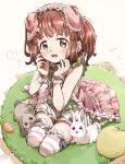 1girl :d animal brown_eyes brown_hair commentary_request dress frilled_dress frilled_hairband frilled_thighhighs frills full_body hairband hands_up heart heart_pillow idolmaster idolmaster_cinderella_girls looking_at_viewer ogata_chieri pillow pink_dress pink_hairband rabbit smile solo striped striped_thighhighs thighhighs twintails white_background wrist_cuffs yukie_(kusaka_shi) 