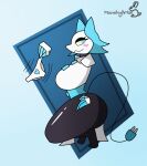  anthro big_breasts black_body blue_body blue_fur blush breasts canid canine clothed clothing cybernetics cyborg deltarune female fox fur hi_res looking_at_viewer machine mammal munchyartz partially_clothed pinup pose smile solo tasque_manager undertale_(series) underwear underwear_down white_clothing wide_hips 