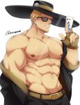  1boy abs bara bare_pectorals blonde_hair blue_eyes blush card fingerless_gloves gloves guilty_gear hat holding holding_card jack_(playing_card) johnny_(guilty_gear) kaiki_(osuppai) large_pectorals looking_at_viewer male_focus mature_male muscular muscular_male navel nipples off_shoulder pectorals playing_card seductive_smile short_hair smile solo sparse_navel_hair strongman_waist sunglasses sweat undressing very_sweaty 