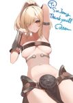 1girl arm_up armpits belt belt_bra belt_buckle blonde_hair breasts brown_belt buckle cleavage closed_mouth eyes_visible_through_hair gauntlets hair_over_one_eye indie_virtual_youtuber large_breasts medium_hair navel ponytail second-party_source simple_background sl10_d solo sunjeong_(vtuber) white_background yellow_eyes 