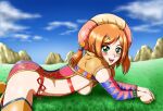  1girl aisha_(saga) blue_sky blush breasts cloud dress grass green_eyes hair_ornament hairclip hat long_hair looking_at_viewer matsuba_gogatsu open_mouth orange_hair red_ribbon revealing_clothes ribbon romancing_saga_minstrel_song saga sideboob skirt sky smile solo 