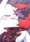  anthro belly blush claws fur generation_3_pokemon grin guitar instrument_(disambiguation) male matchstick_39 musical_instrument musical_note nintendo pink_eyes playing_guitar playing_music plucked_string_instrument pokemon pokemon_(species) slightly_chubby smile solo string_instrument white_body white_fur zangoose 
