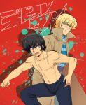  2boys asuka_ryou black_hair black_pants blonde_hair clenched_hand devilman fang frown fudou_akira high_collar male_focus multiple_boys open_mouth pants red_background sakana_kouzi scar shirt sideburns striped striped_shirt thick_eyebrows topless_male translation_request trench_coat 