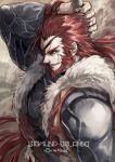  1boy ao_no_kiseki black_jacket blue_eyes character_name copyright_name eiyuu_densetsu facial_hair fur-trimmed_jacket fur_trim holding holding_polearm holding_weapon irise_ryouji jacket male_focus medium_hair muscular muscular_male polearm ponytail red_hair sigmund_orlando smile solo teeth weapon 