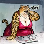  2023 anthro belly big_breasts breasts burping cettus cleavage clothed clothing double_chin dress felid female fur hi_res inside jaguar jewelry leaning_on_object mammal necklace onomatopoeia open_mouth overweight overweight_anthro overweight_female pantherine pink_clothing pink_dress sink skimpy solo sound_effects spots spotted_body spotted_fur tail teeth text yellow_body yellow_fur 