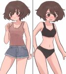  1girl akiyama_yukari black_panties black_sports_bra blue_shorts blush breasts brown_eyes brown_hair brown_tank_top casual closed_mouth cowboy_shot cutoffs denim denim_shorts frown girls_und_panzer looking_at_viewer medium_breasts messy_hair multiple_views navel open_mouth panties ri_(qrcode) short_hair short_shorts shorts simple_background smile sports_bra standing sweatdrop tank_top underwear underwear_only white_background 