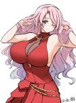  1girl armpits bare_shoulders blush breasts cleavage closed_mouth dress ear_piercing hands_in_hair huge_breasts jewelry kantai_collection long_hair looking_at_viewer luigi_di_savoia_duca_degli_abruzzi_(kancolle) necklace official_alternate_costume one-hour_drawing_challenge piercing pink_hair purple_eyes red_dress red_hair simple_background sleeveless sleeveless_dress solo suke_(share_koube) twitter_username white_background 