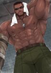  abs absurdres bara barret_wallace beard facial_hair final_fantasy final_fantasy_vii final_fantasy_vii_remake hairy harada_(basashi) highres large_pectorals male_focus muscular muscular_male non-web_source pectorals sunglasses thick_thighs thighs topless_male towel towel_around_neck 