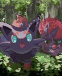  absurdres bright_pupils closed_eyes closed_mouth commentary_request day evolutionary_line fangs green_eyes highres jira_(ziraiya26) no_humans open_mouth outdoors pokemon pokemon_(creature) sitting sleeping tree white_pupils zoroark zorua 