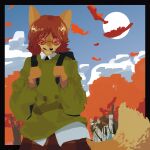  anthro autumn autumn_leaves backpack bear black_border blue_sky border bottomwear canid canine clothing cloud detailed_background eyes_closed eyewear falling_leaves female fox glasses green_clothing hair hi_res illutrator leaf mammal nazari necktie raised_hand red_eyewear red_glasses red_hair school_uniform shima_(volaworld) shirt short_hair skirt sky smile smiling_at_viewer solo sun sweater topwear toshikadzu_(volaworld) uniform wind young 