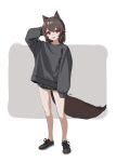  1girl :d absurdres animal_ear_fluff animal_ears black_footwear black_sweater brown_hair ellu fang full_body grey_background gym_shorts highres long_sleeves looking_at_viewer open_mouth original red_eyes shoes short_hair shorts simple_background smile standing sweater tail white_background 