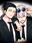  2boys accelerando arm_on_shoulder arm_up black_eyes black_hair black_jacket black_necktie black_suit blue_eyes collared_shirt ear_piercing eyewear_on_head formal getou_suguru gojou_satoru hair_bun hair_pulled_back highres jacket jujutsu_kaisen long_sleeves looking_at_viewer male_focus multiple_boys necktie one_eye_closed open_mouth own_hands_together parted_lips piercing round_eyewear shirt short_hair smile spotlight suit sunglasses upper_body white_background white_hair white_shirt 