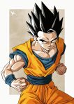  1boy black_hair blue_shirt clenched_hands dragon_ball dragon_ball_z highres jumpsuit kakeru_(dbskakeru) looking_to_the_side orange_jumpsuit shirt simple_background sleeveless solo son_gohan spiked_hair toriyama_akira_(style) upper_body 