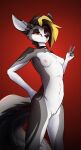  2023 anthro breasts canid canine collar digital_drawing_(artwork) digital_media_(artwork) eyeshadow female fennec fox fur genitals gesture hair hi_res looking_at_viewer makeup mammal nipples nude observerdoz pussy red_eyes simple_background solo tlen_borowski_(oc) v_sign 