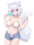 1girl :p alternate_costume animal_ear_fluff animal_ears bare_shoulders bikini breasts cleavage cowboy_shot food grey_hair hands_up inubashiri_momiji large_breasts looking_at_viewer medium_hair navel no_headwear open_fly pink_eyes popsicle red_eyes rururiaru simple_background solo swimsuit tail thigh_gap tongue tongue_out touhou white_background wolf_ears wolf_tail 