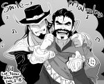  2boys anger_vein bara beard couple cowboy_hat facial_hair graves_(league_of_legends) greyscale grin hair_slicked_back hat karipaku league_of_legends long_hair male_focus mature_male monochrome multiple_boys musical_note mustache one-hour_drawing_challenge playing_with_beard short_hair smile thick_eyebrows translation_request twisted_fate upper_body yaoi 