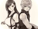  1boy 1girl 3wa_tari arm_guards armor back-to-back bare_shoulders black_gloves black_hair black_sports_bra blue_eyes breasts closed_mouth cloud_strife commentary crop_top elbow_gloves final_fantasy final_fantasy_vii final_fantasy_vii_rebirth final_fantasy_vii_remake fingerless_gloves gloves large_breasts long_hair looking_at_viewer red_eyes ribbed_sweater shoulder_armor simple_background sleeveless sleeveless_turtleneck spiked_hair sports_bra spot_color suspenders sweater swept_bangs symbol-only_commentary tank_top tifa_lockhart turtleneck turtleneck_sweater upper_body white_tank_top 