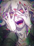  1boy :d collarbone crazy crazy_eyes danganronpa_(series) danganronpa_2:_goodbye_despair drooling green_jacket grey_hair hair_between_eyes hands_on_own_face highres jacket kado_51 komaeda_nagito long_sleeves messy_hair multicolored_eyes nail_polish open_mouth pale_skin portrait red_nails saliva smile solo star_(symbol) sweat teeth tongue white_hair 