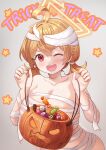  1girl ahoge blonde_hair blue_archive braid breasts cleavage collarbone elanphant grey_background hair_between_eyes halloween halloween_costume halo highres kotori_(blue_archive) large_breasts long_hair mummy_costume one_eye_closed open_mouth red_eyes short_twintails smile solo star_(symbol) teeth trick_or_treat twintails upper_body upper_teeth_only yellow_halo 