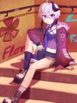  arm_support day feet flower flower_(gynoid_talk) flower_(vocaloid) flower_(vocaloid4) full_body graffiti gummaliciousgummybun gynoid_talk highres sitting sitting_on_stairs stairs vocaloid 