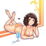  1girl absurdres ass barefoot bikini breasts brown_eyes brown_hair cleavage collarbone english_commentary feet feet_up full_body highres kawakami_sadayo looking_at_viewer lying medium_breasts on_stomach persona persona_5 relaxing short_hair simple_background smile soles solo swimsuit the_pose toes vj99 wavy_hair 
