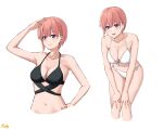  1girl absurdres arm_up bare_arms bare_shoulders bikini black_bikini breasts cleavage closed_mouth collarbone commentary_request cropped_legs cropped_torso front-tie_bikini_top front-tie_top go-toubun_no_hanayome halterneck hand_on_own_hip hands_on_own_knees highres large_breasts leaning_forward light_blush looking_at_viewer multi-strapped_bikini_top multiple_views nakano_ichika navel o-ring o-ring_bikini open_mouth pink_hair purple_eyes ricky_(haye4843) short_hair simple_background smile stomach swimsuit white_background white_bikini 