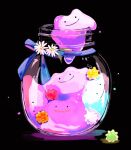  animal_focus black_background blue_bow bow colored_skin ditto flower highres jar no_humans pokemon pokemon_(creature) purple_skin simple_background smile solid_circle_eyes star_(sky) star_(symbol) su_(sajo_su5) white_flower 