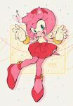  1girl amy_rose animal_ears animal_nose aqua_eyes artist_name bare_shoulders blush border bow bracelet commentary_request eyelashes ezume_(rosehip) full_body furry furry_female gloves gold_bracelet hairband hands_up heart hedgehog_ears hedgehog_girl hedgehog_tail highres jewelry leg_up looking_at_viewer open_mouth outside_border pink_fur polka_dot red_bow red_footwear red_hairband red_skirt shadow shoes skirt smile solo sonic_(series) standing standing_on_one_leg tail tank_top tongue white_border white_gloves white_tank_top yellow_background 