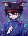  1boy animal_ears animal_hat black_hair black_headwear blue_jacket cabbie_hat commentary_request distortion drooling facial_mark fake_animal_ears feathers glasses hair_between_eyes hat highres jacket long_sleeves looking_at_viewer maguro_no_yukke male_focus master_detective_archives:_rain_code mouth_drool open_mouth red-framed_eyewear red_eyes round_eyewear scared shaded_face short_hair solo sweat sweatdrop upper_body v-shaped_eyebrows zilch_alexander 