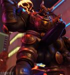  2023 3d_(artwork) ankle_guards anthro armor artist_name balls belt big_balls big_penis black_body blizzard_entertainment bottomwear bovid bovine breastplate city city_background clothing digital_media_(artwork) european_mythology fist footwear genitals glowing glowing_eyes glowing_weapon greek_mythology hammer headgear helmet hi_res horn knee_pads loincloth low-angle_view male mammal minotaur minotaur_reinhardt mythology overwatch penis reinhardt_(overwatch) rope rope_belt sandals shoulder_guards solo soskyee tools watermark wrist_guards 