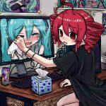  2girls ahoge aqua_hair bedroom black_shirt blush_stickers bracelet bubbacterial closed_eyes comforting computer computer_tower crying desk drill_hair energy_drink figure furrowed_brow gfuel hatsune_miku highres holding_tissue indoors jewelry kasane_teto keyboard_(computer) leaning_forward looking_at_viewer looking_back monitor multiple_girls nervous_smile nervous_sweating open_mouth panicking poster_(object) red_eyes red_hair sakura_miku shelf shirt short_sleeves sitting smile spyro_(series) spyro_the_dragon sweat t-shirt tears tissue_box twin_drills utau vocaloid wavy_mouth wiping_tears 