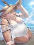  anthro beach belly blouse blue_eyes blush clothed clothing crossdressing deer fur hat headgear headwear hi_res hiko_shichi kazusa male mammal moobs overweight seaside solo spots spotted_body spotted_fur straw_hat tamacolle topwear 