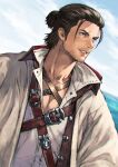  1boy adventurer_(ff14) beard_stubble black_hair blue_eyes blue_sky cloud facial_hair final_fantasy final_fantasy_xiv final_fantasy_xiv_dawntrail flower grin hair_slicked_back highres makimura_shunsuke male_focus mature_male mustache_stubble ocean open_clothes open_robe outdoors robe rose shirt sky smile solo teeth warrior_of_light_(ff14) water white_flower white_rose white_shirt 