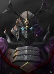  152_in_can 1other absurdres ambiguous_gender armor black_armor black_background covered_face fate/samurai_remnant fate_(series) feather_trim full_armor glowing glowing_eyes helmet highres japanese_armor kabuto_(helmet) looking_at_viewer rider_(fate/samurai_remnant) signature solo 