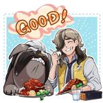  1boy arven_(pokemon) blush closed_eyes collared_shirt commentary_request cup eating food food_on_face glass grin hair_over_one_eye hand_up highres holding holding_plate holding_spoon kyu_(kemon_19) long_hair mabosstiff male_focus necktie outline plate pokemon pokemon_(creature) pokemon_sv school_uniform shirt smile sparkle spoon teeth vest yellow_vest 