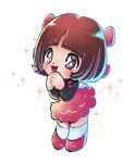 1girl black_jack_(series) bow brown_hair child dress excited eyelashes hair_bow husagin open_mouth pink_bow pink_dress pink_footwear pinoko short_hair simple_background socks solo sparkle sparkling_eyes white_background white_socks 