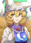  1girl animal_ears artist_name blonde_hair breasts dated dress fox_ears fox_tail green_eyes hair_between_eyes hat highres large_breasts mob_cap multiple_tails onionmay open_mouth short_hair signature solo tabard tail touhou upper_body white_dress white_headwear yakumo_ran 