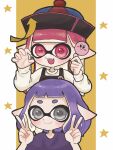  2girls claw_pose commentary_request double_v grey_eyes hat highres inkling inkling_girl long_hair medium_hair mina_p multiple_girls open_mouth pillarboxed pointy_ears purple_hair purple_shirt qingdai_guanmao red_eyes red_hair shirt smile splatoon_(series) splatoon_3 star_(symbol) teeth upper_body upper_teeth_only v yellow_background 