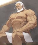  1boy abs bara beard blue_eyes covering dark-skinned_male dark_skin facial_hair hands_on_lap highres jp_(street_fighter) large_pectorals long_hair male_focus mature_male muscular muscular_male mustache nipples nude_cover old old_man pectorals sa1k0p sauna sitting solo steam street_fighter street_fighter_6 sweat thick_eyebrows thick_mustache towel towel_on_legs veins white_hair 