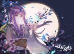  1girl arm_up asymmetrical_sleeves branch bug butterfly closed_mouth expressionless falling_petals hair_ornament highres huangran_dawu index_finger_raised long_hair moon night petals purple_eyes purple_hair qin_shi_ming_yue second-party_source shao_siming_(qin_shi_ming_yue) solo upper_body veil 