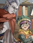  1boy 1girl cape chrono_trigger closed_mouth dirt glasses gloves green_eyes helmet highres long_hair lucca_ashtear magus_(chrono_trigger) open_mouth pointy_ears purple_hair scarf short_hair smile uzutanco wrench 