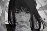  1girl absurdres banechiii biting black_hair blurry blurry_background chainsaw_man entrails finger_to_mouth floating_hair highres lip_biting long_hair looking_at_viewer medium_hair monochrome organs parted_lips portrait ringed_eyes scar scar_on_face solo straight-on yoru_(chainsaw_man) 
