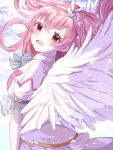  aoitenziku bow bowtie cloud cloudy_sky commentary dress feathers hair_ornament heart heart_hair_ornament highres long_hair momoi_airi pink_eyes pink_hair project_sekai sky smile white_dress white_feathers white_wings wings 