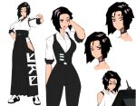  1girl black_eyes black_hair blunt_ends breasts choker commentary english_commentary hair_between_eyes hand_on_own_hip highres long_skirt looking_at_viewer lyuka multiple_views open_mouth original short_hair simple_background skirt standing teeth tongue white_background 
