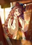  1girl :d absurdres animal_ears beret blush book bookshelf braid casual dog_ears dress green_dress hat heterochromia highres holding holding_book inui_toko inui_toko_(3rd_costume) jacket library long_hair looking_at_viewer nijisanji nishinodashi open_mouth red_eyes smile solo twin_braids virtual_youtuber yellow_eyes 