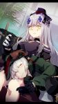  2girls angry assault_rifle closed_eyes couch frown g11_(girls&#039;_frontline) g11_(mod3)_(girls&#039;_frontline) girls&#039;_frontline gloves goggles goggles_on_head green_eyes green_jacket grey_hair gun hair_ornament hat highres hk416_(girls&#039;_frontline) hk416_(mod3)_(girls&#039;_frontline) indoors jacket lap_pillow looking_at_another looking_down lying mineta_naoki multiple_girls on_couch on_side rifle saliva sitting sleeping teardrop_facial_mark twitter_username weapon 